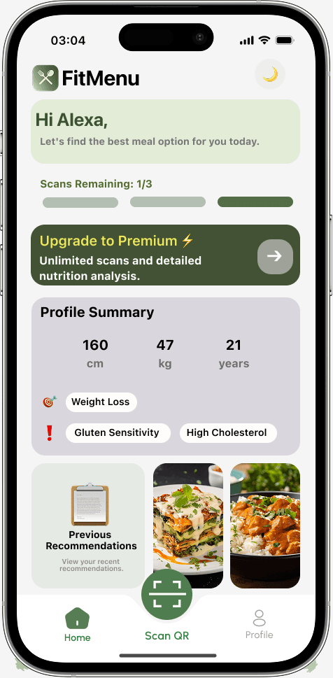 FitMenu home screen